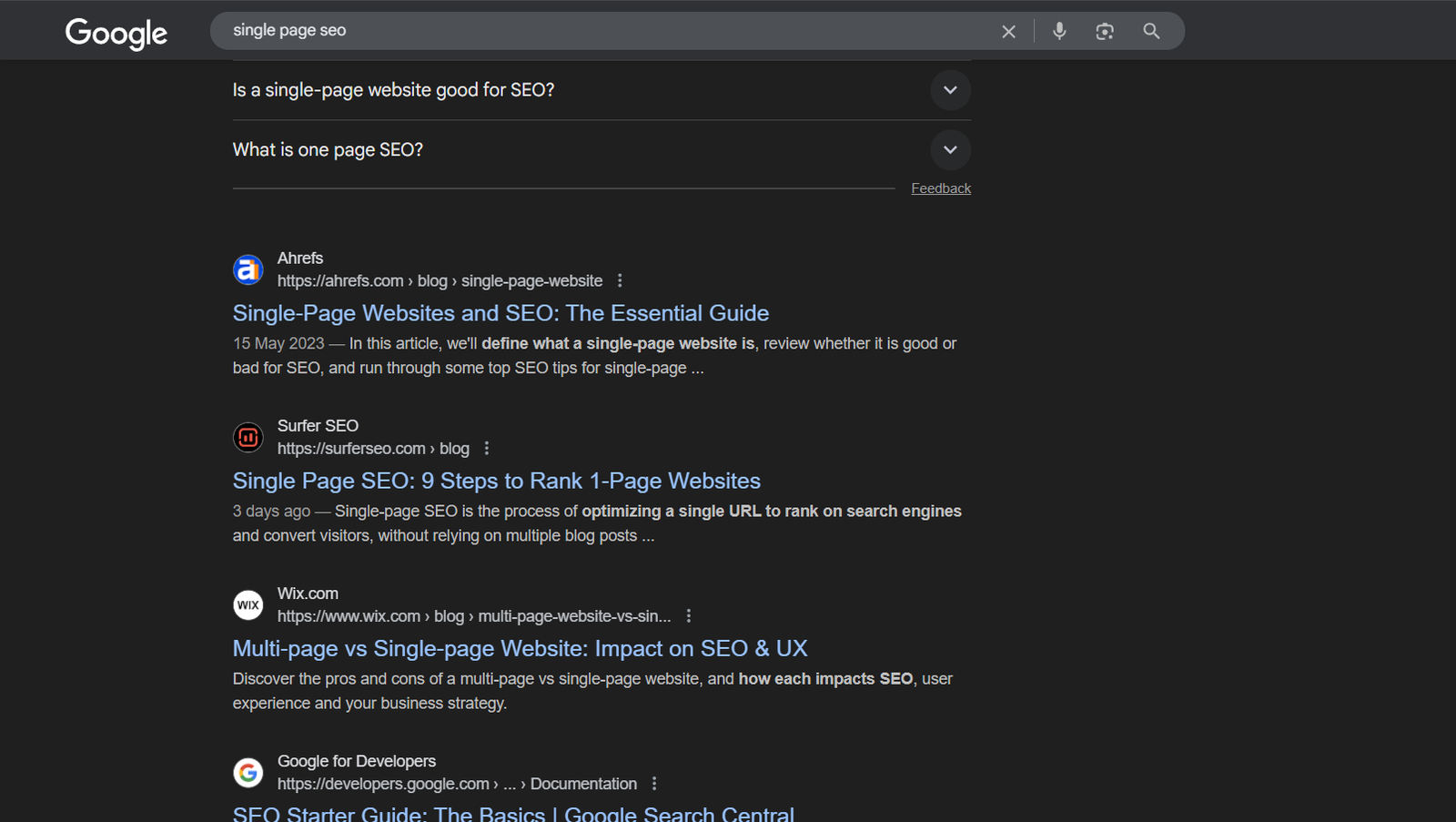 Google search result showing a single-page SEO article ranking for single page SEO